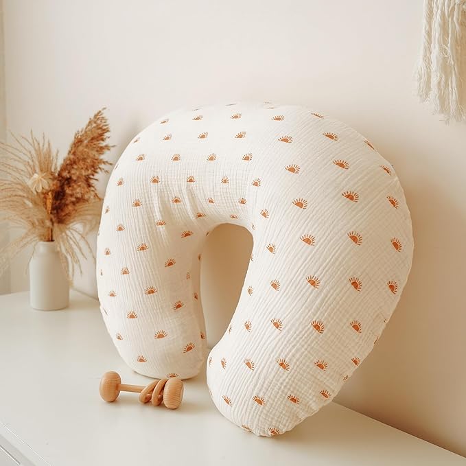 Konssy 2-Pack Muslin Nursing Pillow Covers, Soft & Adorable Nursing Covers for Breastfeeding Pillows, Slipcovers for Newborn Boys & Girls(Brown,Sun)