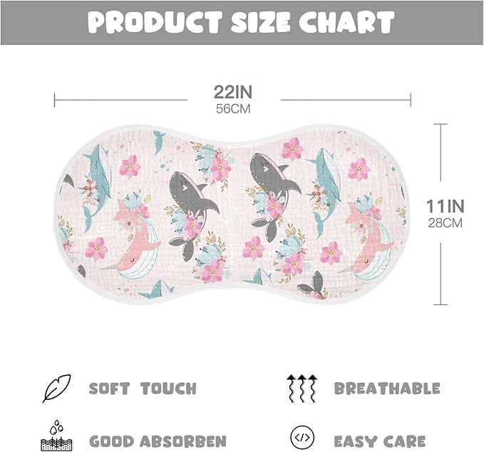vvfelixl Whale Narwhal Flowers Burp Cloths for Baby Boy Girls Baby Washcloths Burp Rags 1 Pack