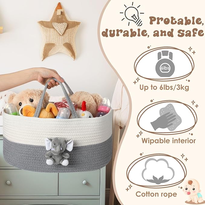 FoldTier Elephant Diaper Caddy Organizer Elephant Cart Storage for Nursery with Handle Baby Shower Basket Gift Baby Bath Caddy for Diapers Wipes Basket for Nursery(X-Large)