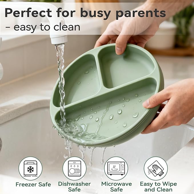 Bufims Silicone Baby Feeding Set, Baby Led Weaning Supplies, Eating Essentials Utensils with Suction Plate and Bowl, Pocket Bib, Sippy Cup with Lid, Forks Spoons Snack Container, for 6+ Months, Green
