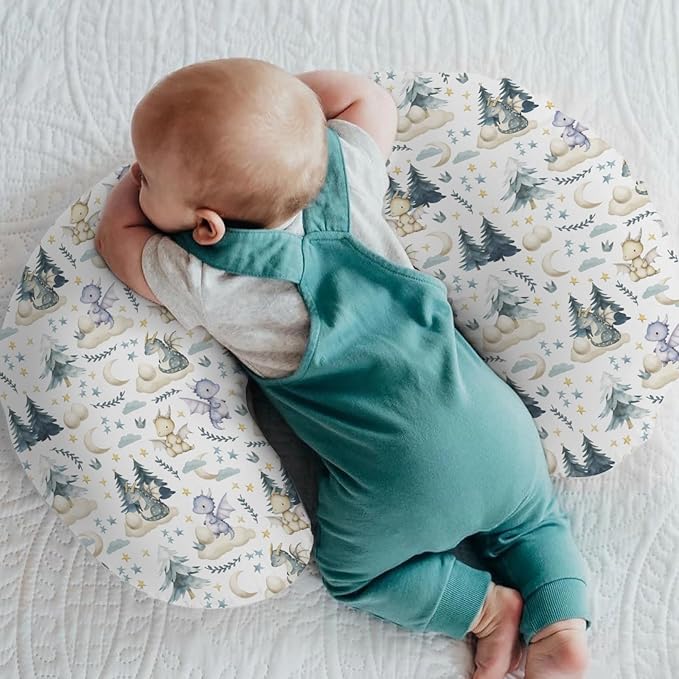 Fairytale Dragons Baby Nursing Pillow Cover for Boy Girl Cute Dragon Moon Stars Clouds Trees Eggs Nursery Pillowcase for Breastfeeding Pillows Fantasy Animal Soft Stretchy Slipcover for Newborn Infant