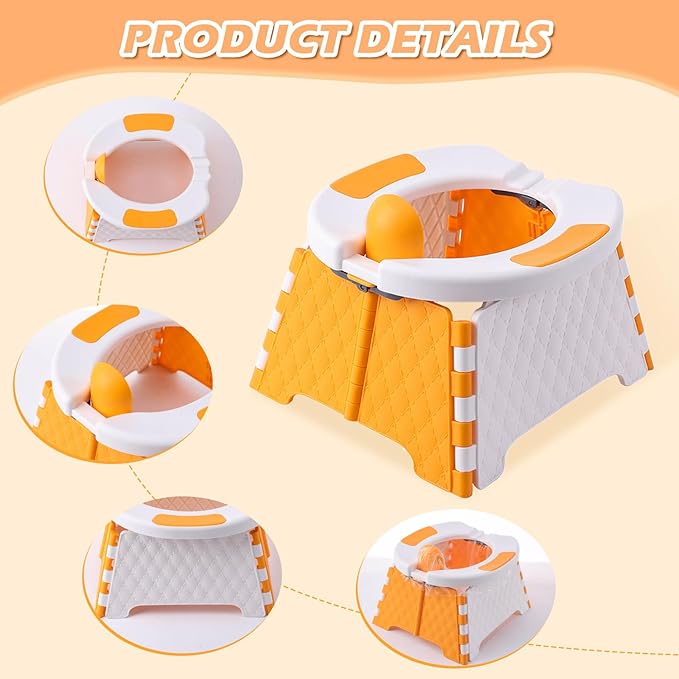 Foldable Travel Potty for Toddlers, Portable Potty Chair with Bag & 30 Pouches - Kids Toilet for Car, Camping, Indoor Outdoor - Splash-Proof Design, Easy Clean Training Seat(Orange)