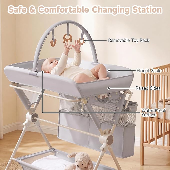 INFANS Portable Baby Changing Table with Wheels, Foldable Diaper Changing Station with Adjustable Heights, Large Organizer Storage for Newborn Infant (Light Gray)