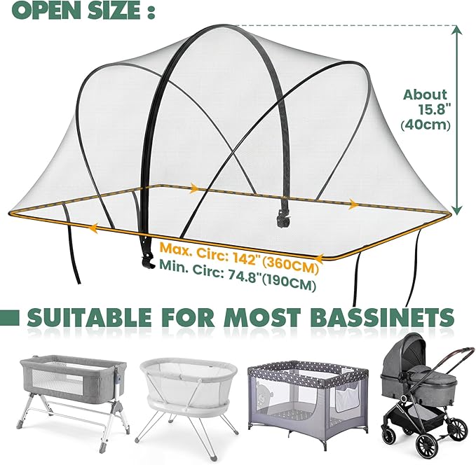 Orzbow Bassinet Cover for Cats - Breathable Mosquito Net Cover for Cradles/Travel Cribs/Mini Cribs, Baby Mosquito Net to Keep Pets Out, Baby Bassinet Accessories, Two-Way Self-Locking Zippers, Black