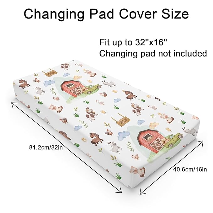 Baby Farm Life Changing Pad Cover for Boy Girl 32''x16'' Farm Animals Pig Goat Horse Cow Chick Rooster Duck Leaves Barn Truck Fitted Changing Pad Sheets Soft Breathable Diaper Change Table Mats