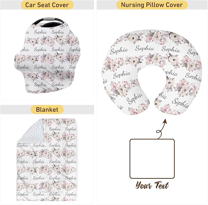 Customizable Flowers Baby Nursing Pillow Cover - Add Your Baby's Name, Ultra-Soft Stretch Fabric, Fits Standard Nursing Pillows, Ideal for Baby Showers Style 02