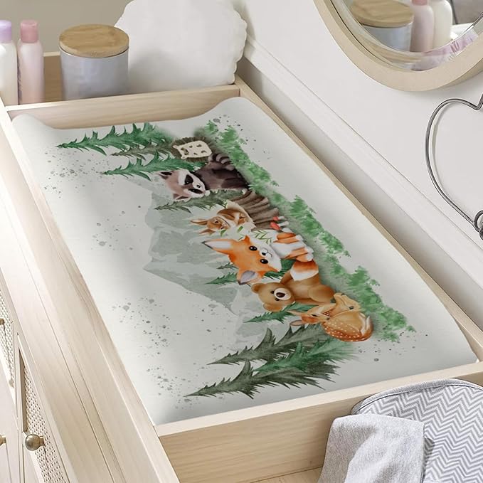 Cute Animals Mountain Trees Baby Changing Pad Covers Bear Raccoon Deer Rabbit Hedgehog Diaper Change Table Sheets for Boys Girls Soft Stretchy Baby Diaper Changing Table Mat Cover 32''x16''