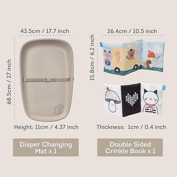 Taf Toys Baby Changing Pad & Crinkle Book - Interactive, Waterproof, Wipeable Changing Table Pad - Diaper Changing Pad for Dresser with Removable Safety Strap, Easy to Clean & Non-Slip Waterproof
