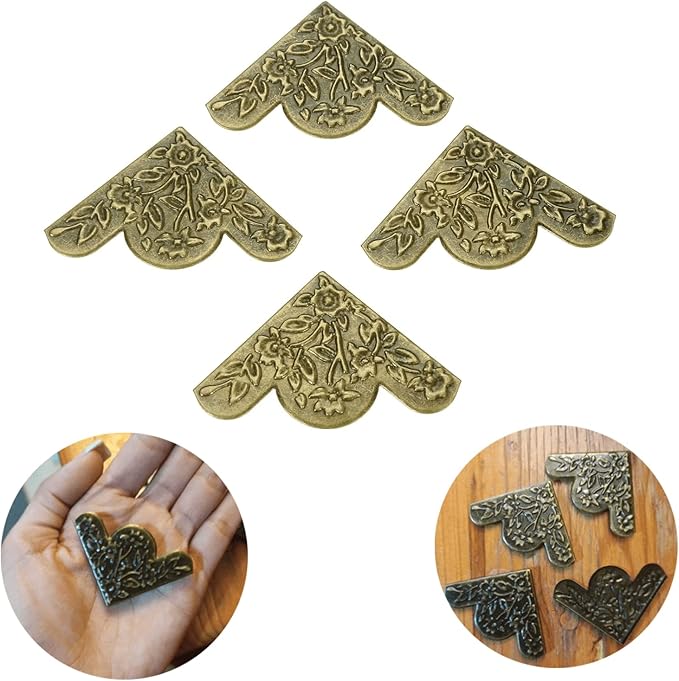 dophee 12Pcs Decorative Corner Protector, Jewelry Box Wooden Box Chest Furniture Guard Edge Cover, Metal Flower Carved No Holes, 1.69"x1.69"x0.2" - Antique Bronze