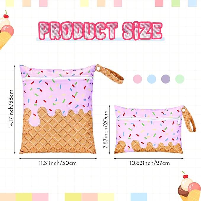 SATINIOR 2 Pack Wet Dry Bags Ice Cream Waterproof Pouch Large & Small Makeup Bag Baby Wet Bags Zipper Pouch for Baby Women Diapers Cloth