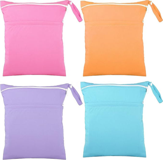 Shappy 4 Pcs Wet Dry Bag for Baby Cloth Diapers Waterproof Wet Bag Washable Travel Reusable with 2 Pocket for Swimsuits for Yoga Gym Travel Beach Pool(Blue, Purple, Pink, Orange)