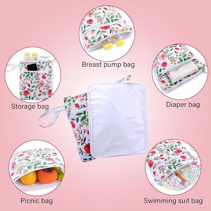 Breast Pump Bag Wet/Dry Bag with Preparation Place Mat, Waterproof Pump Parts Storage Bag for Moms Pumping at Work or Outdoors(Romantic flowers)
