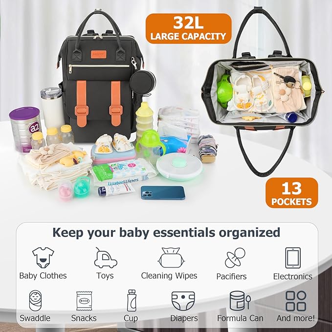 PIIOSER Diaper Bag Backpack with Ice Pack, Large Capacity & Waterproof Baby Travel Backpack Bag for Moms Dads, Insulated Baby Cooler Bag with Changing Pad, Stroller Straps & Pacifier Case, Black