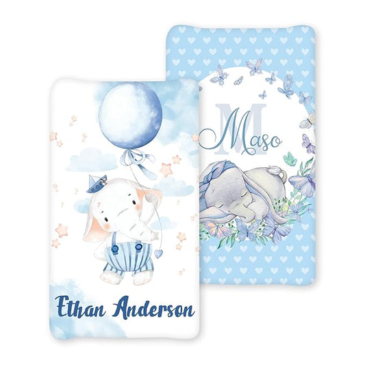 Personalized Baby Changing Pad Cover - 2 Piece Blue Elephant Baby Pee Pad Nursery Bedding with Name, Portable Diaper Changing Pad, Gifts for Infant