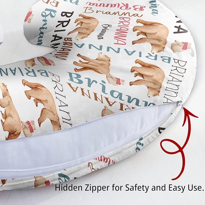 Baby Nursing Pillow Cover - Personalized Name Breastfeeding Pillow Cover with Bear Pattern, Stretchy Removable U-Shaped for New Moms, Soft Breathable Slipcover for Infant Boys Girls