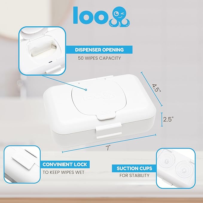 Loo 2-Pack Discreet Flushable Wipes Dispenser – Fits Standard Size Flushable Wipes Only – No-Drill Suction Mount Bathroom Holders with Lid for Toilet Tank, Tile, or Mirror