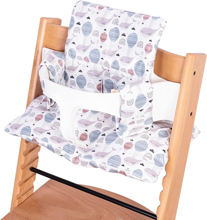 Extra Padded Soft Dining Chair Seat Cushion, Wateproof & Wipe Clean Cushion for Stokke Tripp Trapp High Chair, 18" L x 11" W, Compatible & Convertible Design (Sweet Dreams-Whales & Balloons)