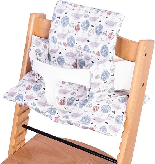 Extra Padded Soft Dining Chair Seat Cushion, Wateproof & Wipe Clean Cushion for Stokke Tripp Trapp High Chair, 18" L x 11" W, Compatible & Convertible Design (Sweet Dreams-Whales & Balloons)