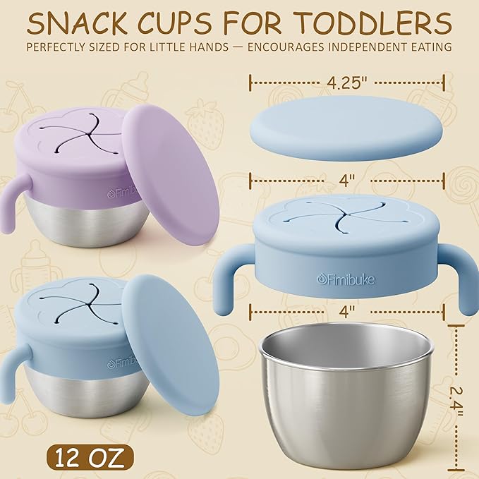 Fimibuke Snack Containers for Toddlers Kids, 12 OZ Spill Proof Stainless Steel Baby Snack Cups with Removable Silicone Food Catcher, Handles & Travel Lid BPA-Free Dishwasher Safe Food Container 2 Pack