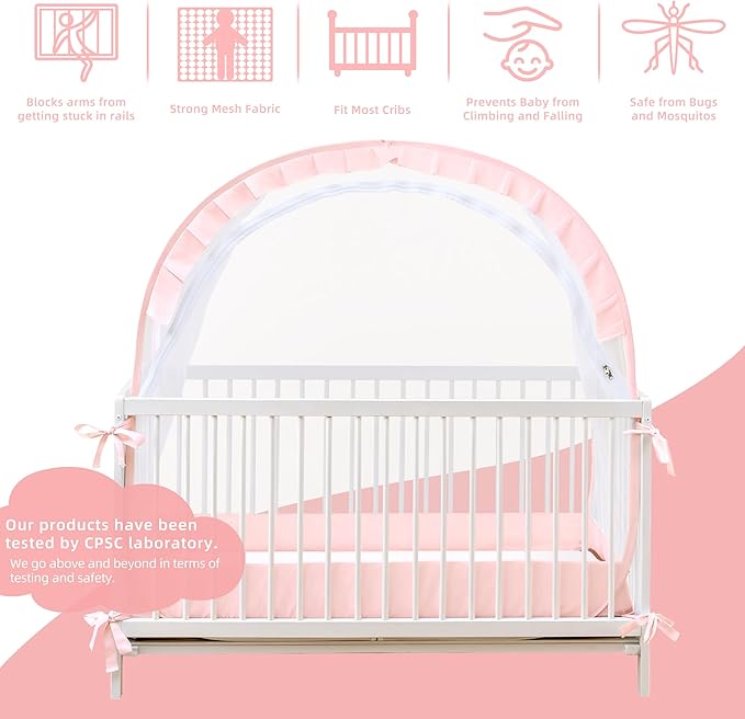 Lazyzzzz Crib Tent - Pop Up Crib Canopy with Double Zipper Self-Locked, Mosquito Net Mesh Crib Net to Keep Baby from Climbing Out, Portable Easy Install 55" L x 27" W x 51" H Pink
