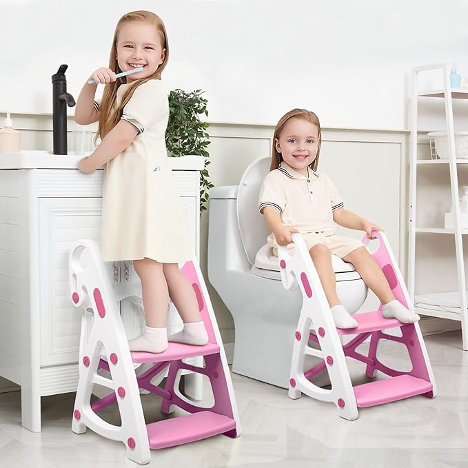 Potty Training Seat, Primlect Upgrade Ultra-Stable Toddler Toilet Seat for Kids Boys Girls, 2 in 1 Potty Training Toilet with Step Stool, Adjustable Seat and Ladder, Non-Slip Pad, Splash Guard(Pink)
