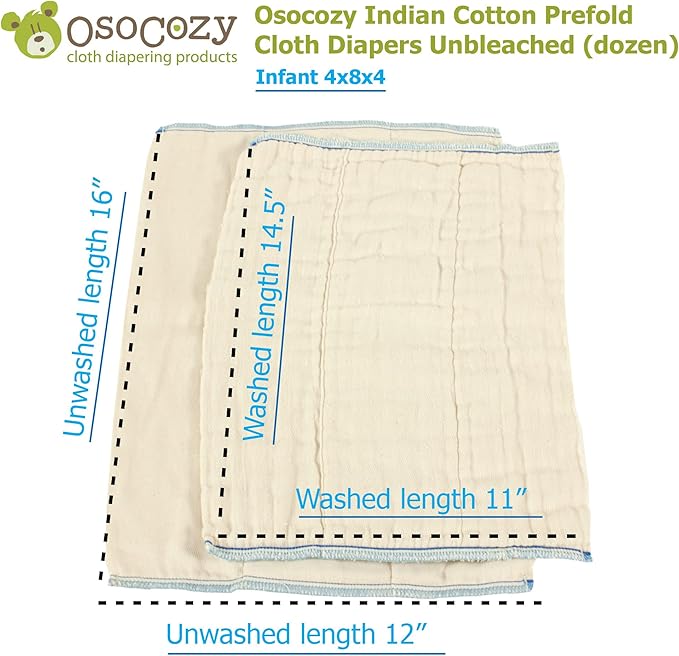 OsoCozy Unbleached Prefold Cloth Diapers 100% Cotton, Durable, Soft, Absorbent, Sustainable & Economical - dims, Fits size range. - (Size)