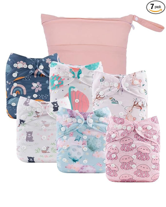 babygoal Cloth Diaper Covers 6 Pack with Wet Bag for Fitted Diapers and Prefolds with Double Gussets, Adjustable and Reusable for Baby Girls