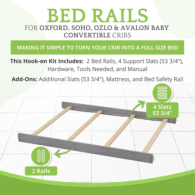 Full-Size Conversion Kit Bed Rails for Oxford, Soho, Ozlo & Avalon Baby Convertible Cribs - Solid Wood - Toddler and Adult Rail for Full-Size Bed - Nursery and Baby Furniture (Dusk Grey, Hook-On Kit)