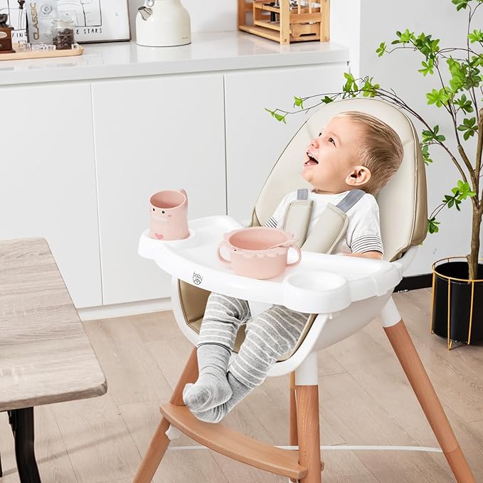 BABY JOY Baby High Chair, Wooden High Chair for Babies & Toddlers with Dishwasher Safe Double Removable Tray, Infant Feeding Chair with 5-Point Safety Harness & Detachable PU Seat Cushion (Beige)