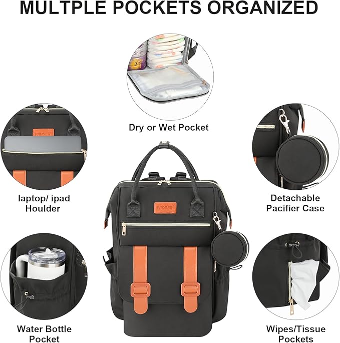 PIIOSER Diaper Bag Backpack with Ice Pack, Large Capacity & Waterproof Baby Travel Backpack Bag for Moms Dads, Insulated Baby Cooler Bag with Changing Pad, Stroller Straps & Pacifier Case, Black