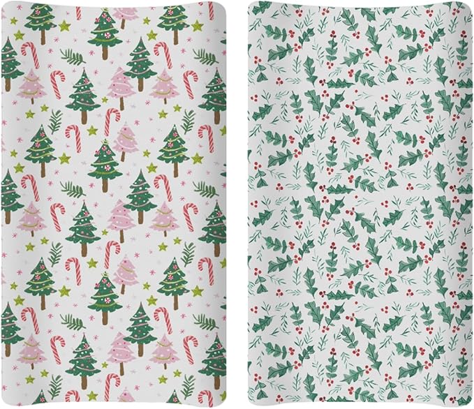 Soft 2 Pack Christmas Tree Winter Holiday Snowflake Leaf Pattern Baby Changing Pad Covers for Infant Newborn, Unisex Christmas Nursery Fitted Diaper Changing Table Pad Mat Sheets for Boys Girls-16x32
