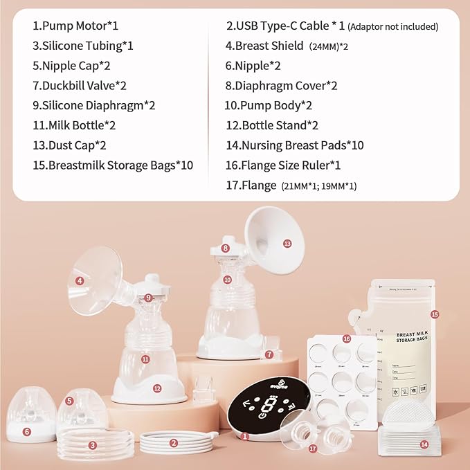 Saglve Breast Pumps,Double Electric Breast Pump Portable with 4 Modes & 9 Levels,320mmHg Strong Suction,10 Breastmilk Storage Bags,2 Size Flanges,LED Display,Rechargeable Portable Pump Breastfeeding