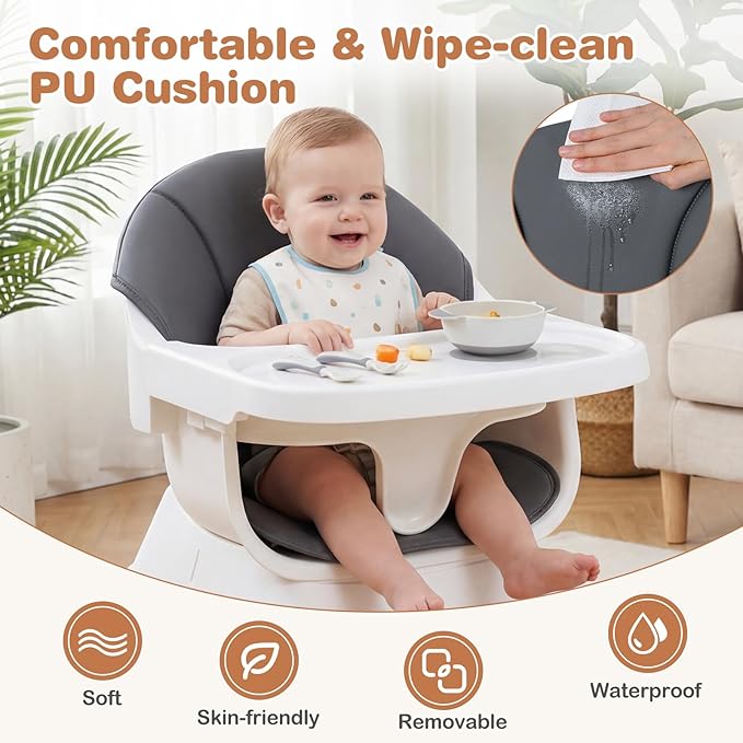 BABY JOY High Chair, Convertible Wooden Highchairs for Babies and Toddlers, Converts to Booster Seat & Stool with Adjustable Legs, Removable Tray, Safety Harness, Waterproof PU Cushion (Gray)