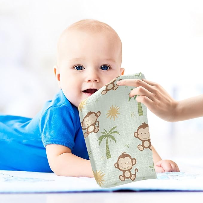 vvfelixl Baby Muslin Washcloths Cute Monkey Coconut Trees Baby Burp Cloths Cotton Babys Face Towel for Newborn Infants Boys Girls Soft and Absorbent 11.8 X 11.8 in, 3 Pack