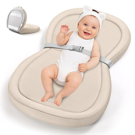 Orzbow Baby Changing Pad, Foldable Diaper Changing Pad for Dresser and Table, Wipeable Changing Pad Easy to Clean, Waterproof PU & Soft Foam Inner, Non-Slip, with Safety Belt, 28" × 19", Beige