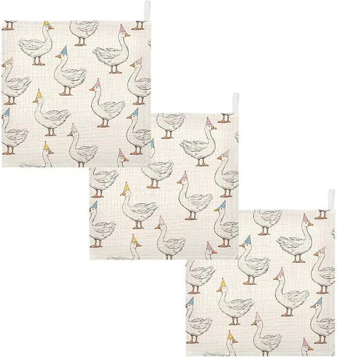 vvfelixl Baby Muslin Washcloths Goose with Birthday Hat Baby Burp Cloths Cotton Babys Face Towel for Newborn Infants Boys Girls Soft and Absorbent 11.8 X 11.8 in, 3 Pack