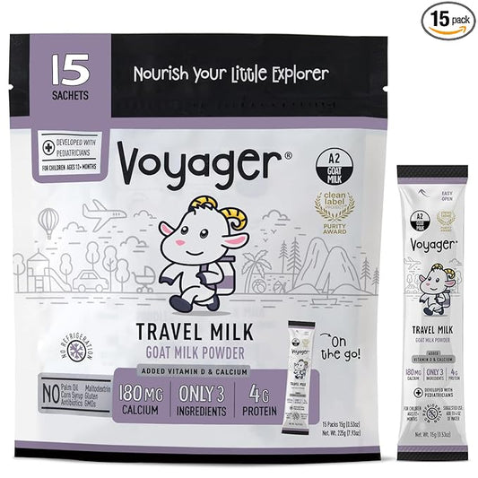 Voyager Travel Goat Milk Powder for Toddlers, Kids, Adults - On-The-Go, Easy to Digest, Whole Powdered Goat Milk with No GMO’s, No Antibiotics, No Refrigeration, 15 Sachets of 15g
