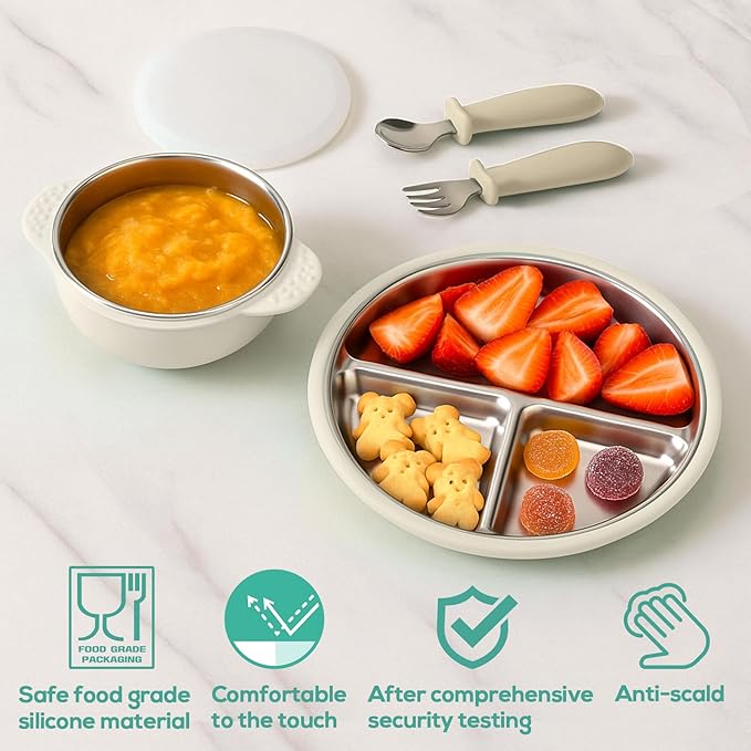Mity rain Stainless Steel & Silicone Toddler Plates and Bowls Set with Suction,5-Piece Suction Plates & Bowls for Toddler,Removable Shell,Silicones Baby Plates for Independent Eating(Beige)