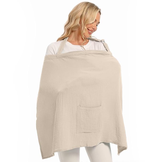 Wimst Muslin Nursing Cover Breastfeeding for Women, Soft and Breathable Breastfeeding Cover with Rigid Hoop for Nursing Apron (Beige)