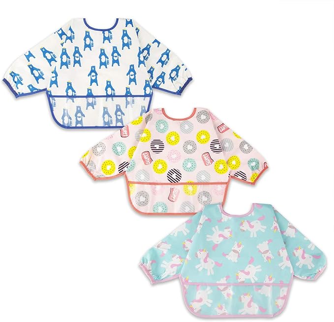 3 Pcs Long Sleeved Bib Set|Baby Waterproof Bibs with Pocket Bundle|Toddler Bib with Sleeves|Stain Resistance Smock 6-24 Month