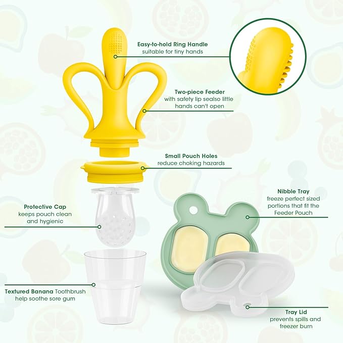 JEXFUN Baby Fruit Feeder & Breastmilk Popsicle Mold Set, Silicone Food Feeder Pacifier for Cooling Relief with 3 Replaceable Pouches, BPA-Free Teething Toy for Safe Infant Self Feeding (Banana Yellow)