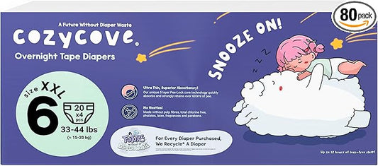 Cozycove Size 6 XXL (33-44 lbs) Diapers, 80 Count, Totally Chlorine Free, Skin-Friendly Material | Snooze On Slim Overnight Tape Disposable Diapers | 4 Bags of 20