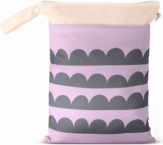 Cloth Diaper Wet Bags – Waterproof & Reusable Bag with 2 Zippered Pockets, 100% Polyester with Handle, Perfect for Stroller, Travel, Baby Essentials & Breast Pump Storage (Pale Mauve Wave)