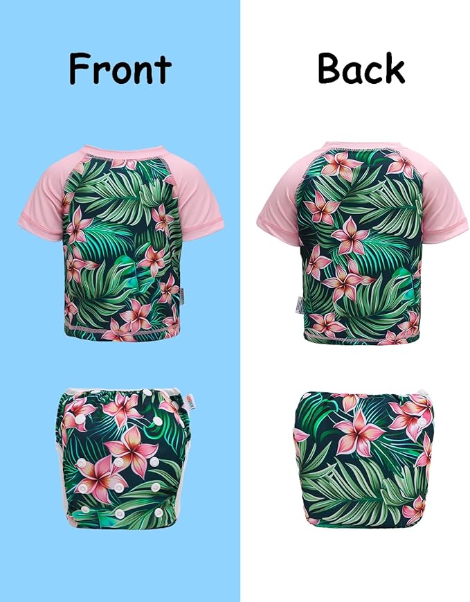 ALVABABY Baby Girl Swimsuit, 2-Piece Infant Toddler Bathing Short Sleeve Swimwear, Large Baby Reusable Swim Diaper with Matching Top