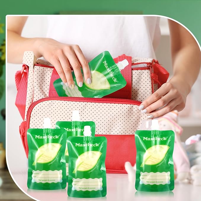 Maxcheck 103 Pcs Refillable Baby Food Pouches Maker Set Include 100 Pcs Portable Fruit Puree Pouch Storage Bags, Baby Food Maker, Pen and Brush for Babies Kids Toddlers