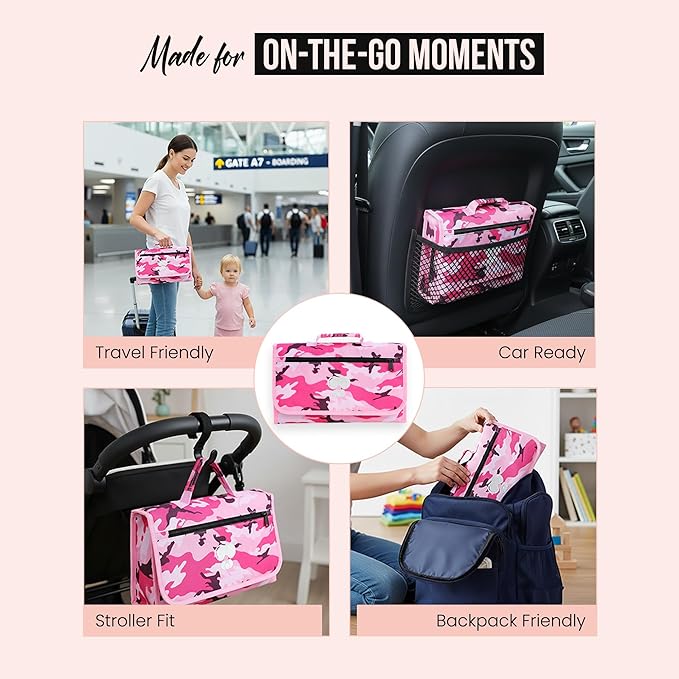 Pink Baby Camo Portable Diaper Changing Pad Waterproof Foldable Travel Mat with Pockets Soft Oxford Fabric Lightweight Compact Changing for Parents Multiple Pockets for Storage