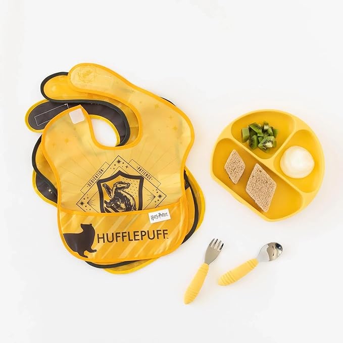 Bumkins Bibs for Girl or Boy, SuperBib Baby and Toddler for 6-24 Months, Essential Must Have for Eating, Feeding, Baby Led Weaning, Mess Saving Waterproof Soft Fabric, 3-pk Harry Potter Hufflepuff