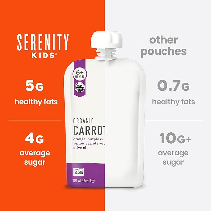 Serenity Kids 6+ Organic Carrot Veggie Puree Baby Food Pouches - No Added Sugar & Allergen-Free Baby Snacks - BPA-Free Veggie Pouches - On-The-Go Snack Pack - 3.5 Oz Pack of 12