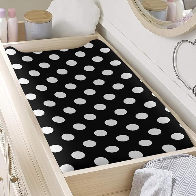 Black and White Dots Changing Pad Cover for Baby Girls Boys Cartoon Breathable Diaper Change Table Sheet Soft Stretchy Cute Change Table Mat Cover Fit 32x16