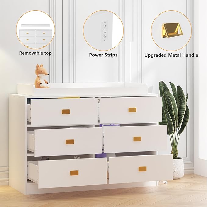 GarveeHome Dresser for Bedroom with 6 Drawers, Changing Table Dresser with Power Outlets, Soft Changing Pad & Removable Top, Baby Dresser with Changing Table Top for Nursery, White